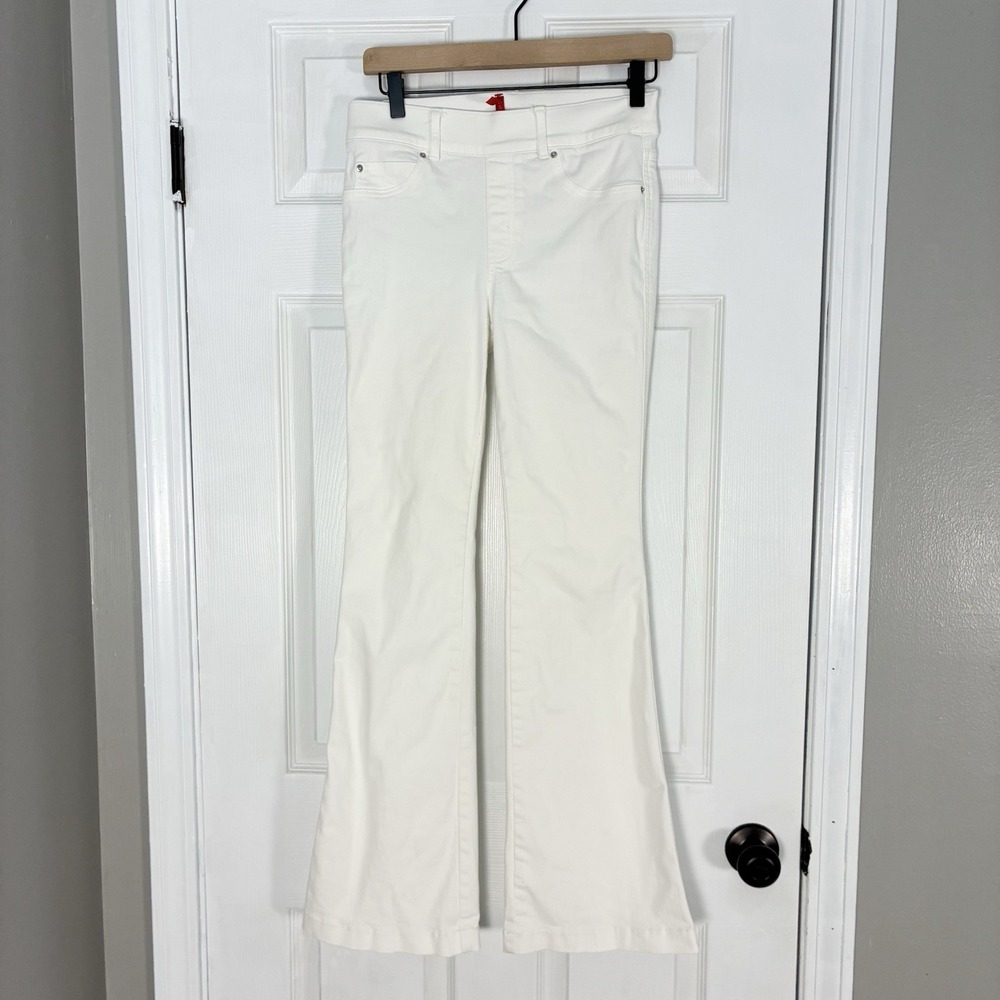 Spanx Flare Pull On Stretch Mid Rise White Denim Fitted Jeans Womens Small